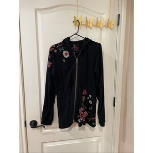 Johnny Was Embroidered zip up hoodie with attached hoodie size Medium
